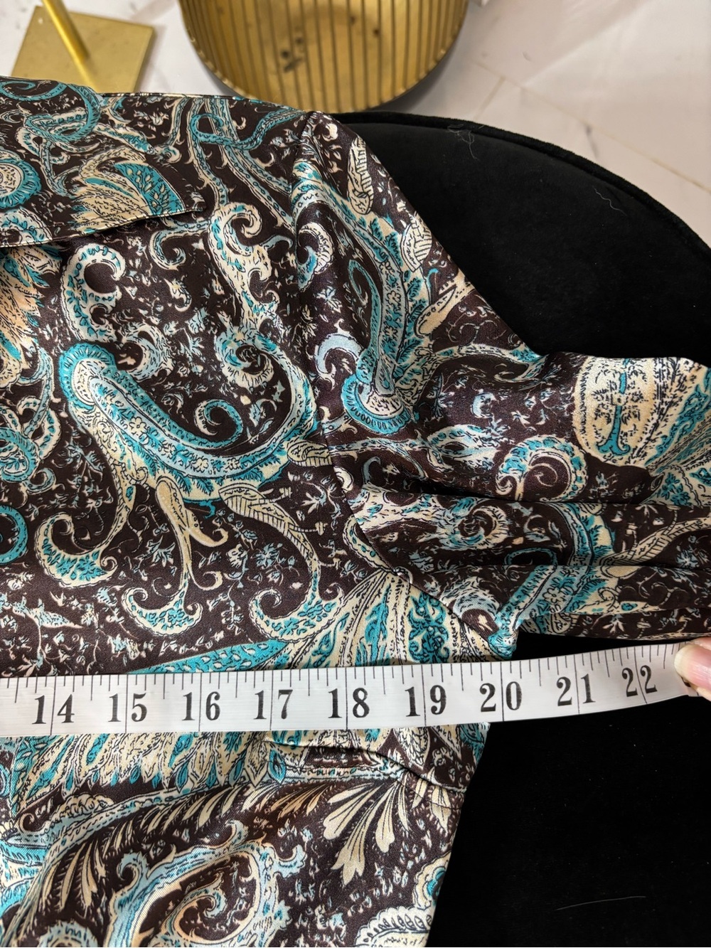 Paisley Button-Front Long-Sleeve Top in Teal and Brown Stretch - Picture 9 of 10